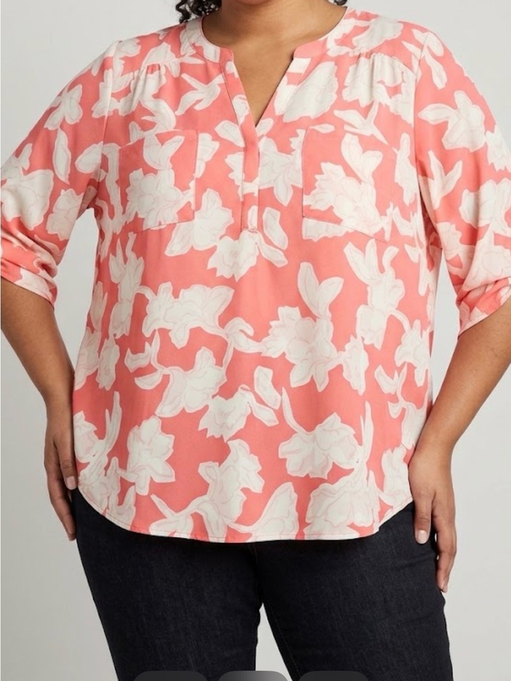 torrid Coral and White Floral Split-Neck Blouse